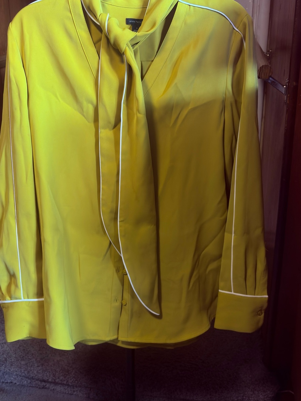 Ann Taylor Yellow Tie-Neck Blouse with White Piping